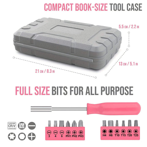 Gray tool case with pink handled screwdriver and bit set, part of Pink Home Repair Tool Kit For Women Who DIY, 24 Piece Starter Hardware Set With Hammer, Pliers, And Screwdrivers, Portable Mini DIY Hand Tools For Dorms, Apartments, And First Homes, Beginner Friendly, Ideal Christmas And New Year Gift For Ladies.