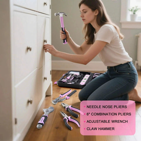 Woman using Pink Tool Kit for Women 146 Piece General Household Hand Tools Storage Toolbox for Home DIY Projects