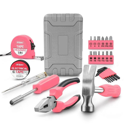 Pink 24 Piece DIY Tool Kit for Women Compact Mini Tool Box Set with pliers, hammer, screwdrivers, and bits on display