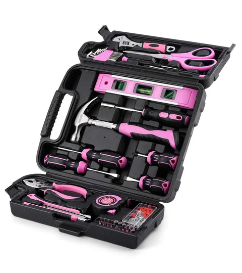 Pink 123 Piece Home Repair Tool Kit For Women And Girls With Ergonomic Handles And Non Slip Grips DIY Toolkit in open box