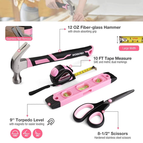 Pink 258 Piece Tool Kit For Women With Hammer And Screwdrivers Portable Home Repair Set For New Apartment DIY