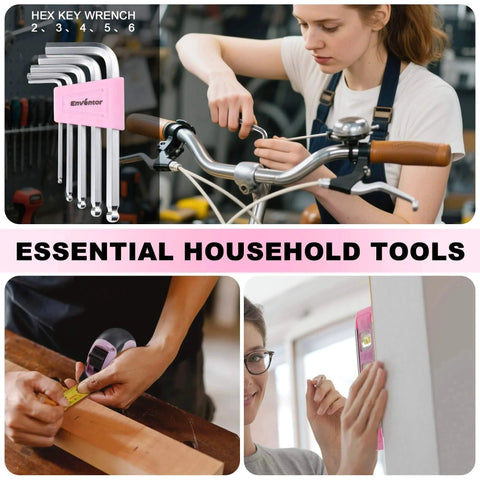 Collage of women using tools from the Pink Tool Kit for Women 146 Piece General Household Hand Tools Storage Toolbox for Home DIY Projects.