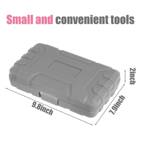 Gray carrying case for Pink 13 Piece Tool Set For Women Portable Mini Toolkit with size dimensions displayed.