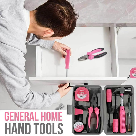 Man using pink screwdriver from Pink 13 Piece Tool Set For Women Portable Mini Toolkit For College Dorms Homes And Office Starter Toolbox