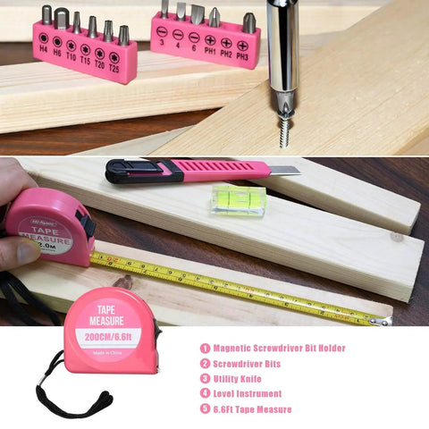 Tools from 25 Piece Pink Tool Set for Women Portable DIY Home Repair Kit including bits, tape measure, and utility knife.