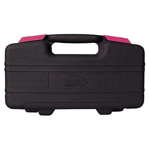 Closed black toolbox with pink accents for 39 Piece General Household Tool Set In A Sturdy Toolbox Case For Everyday Home Repairs.