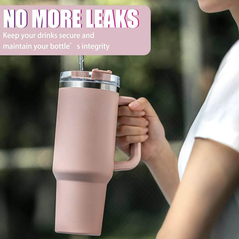 Person holding a pink wide mouth water bottle with a flip lid, showcasing 8 Pack Replacement Gasket Set For Wide Mouth Water Bottles With Flip Lid Caps Silicone O Ring Seals Rubber Gasket Stoppers Leak Proof Water Bottle Lid Gasket Replacement Kit With Tweezers For Durable Seal.