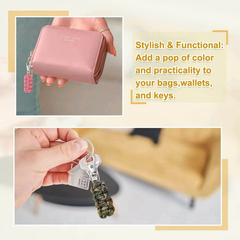 Close-up of hands holding pink wallet and keychain with paracord zipper pulls, showing practical and stylish designs for everyday use.
