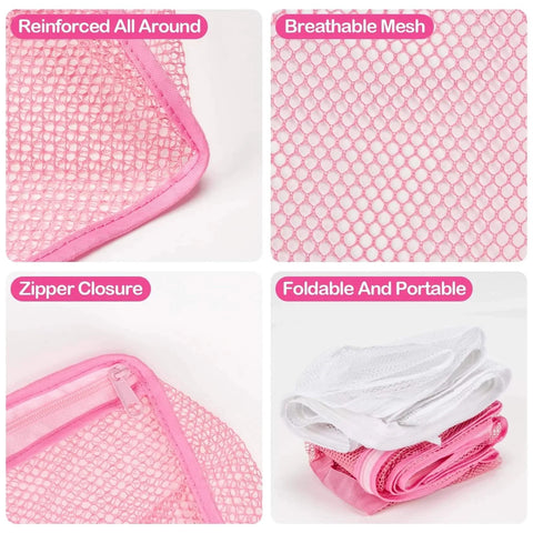 2 PCS Ball Pit Balls Bags - Storage Mesh Bag with Zipper, sturdy breathable mesh shown in pink and white, highlighting features.