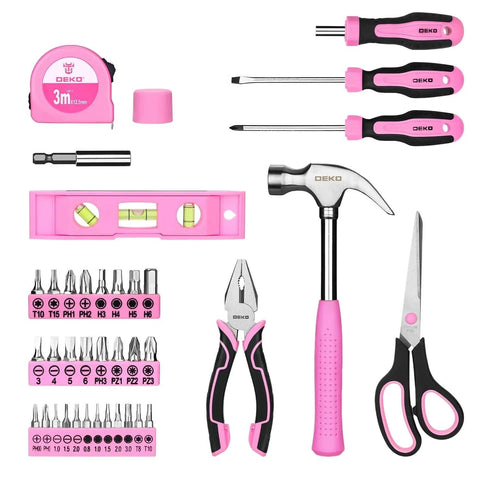 Pink Tool Kit For Women 42 Piece Home DIY Set For Repairs And Woodworking Projects includes hammer, pliers, scissors, and screwdrivers