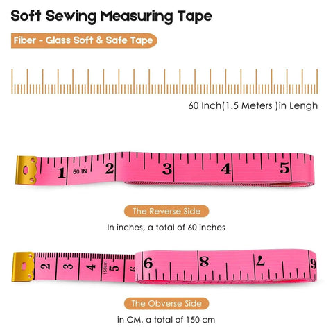 Soft fashion pink tape measure for body and sewing, 60 inches, dual scales in inches and centimeters, labeled 2 Pack Tape Measure Measuring Tape for Body Fabric Sewing Tailor Cloth Knitting Vinyl Home Craft Measurements, 60-Inch Soft Fashion Pink & Retractable Black Double Scales Rulers for Body Weight.