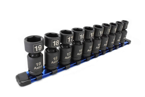 Pinless Nano Universal Impact Socket Set For Three Eighths Inch Drive Pro Grade Workhorse Ten Piece Set With Sizes Ten Through Eighteen Millimeter 360 Degree Rotating Head Ultra Short Profile Forged Cro Mo Lifetime Warranty Astro Pneumatic Tool displayed on a rail, showing sockets 10-19 mm in a row