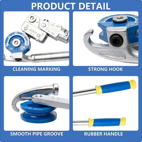 Heavy Duty Three Eighths Inch Pipe Bender showing cleaning markings, strong hook, smooth pipe groove, and rubber handle.