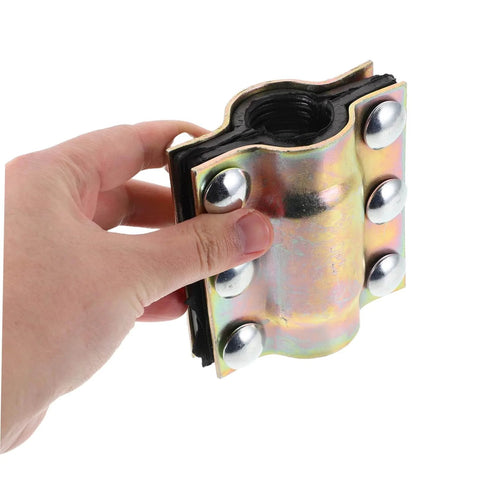 Heavy Duty Pipe Clamp Leak Sealer Go To For PE PPR Steel And Iron Pipes Emergency Plumbing Repair Kit in hand showing front view