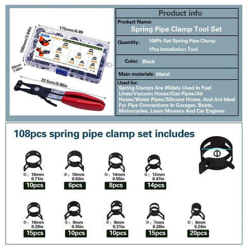 108 Piece Spring Pipe Clamp Set With Tools 9 Sizes From 6 To 18mm For Automotive Marine Gardening And Industrial Hose Interfaces