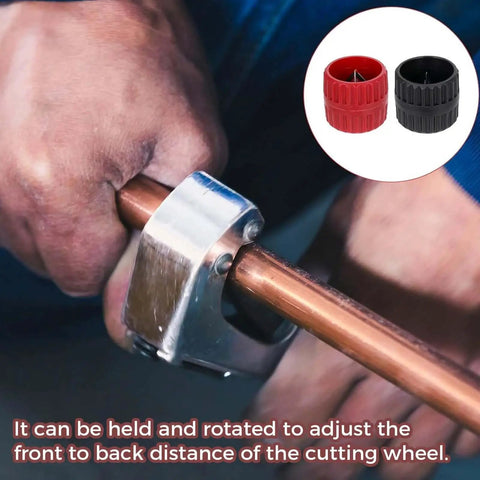 Two Piece Pipe Deburring Kit With Reamer And Chamfer Tools for PVC PPR copper brass aluminum tubes in red and black, showing use.
