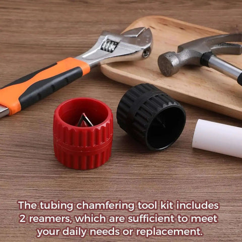 Two Piece Pipe Deburring Kit With Reamer And Chamfer Tools For PVC PPR Copper Brass Aluminum Tubes in red and black, shown with tools.