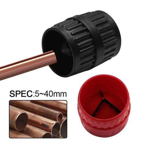 All Purpose Pipe Deburring Reamer Tool For PVC Copper Aluminum Brass And Steel With Inner And Outer Reaming Capabilities Removes Burrs From Pipe Edges And Fits Three Sixteenths Inch To One And One Half Inch Pipes Red JagTRADE shown with pipe and reamer
