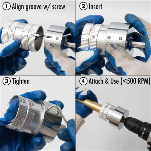 All Metal Pipe Deburring And Reaming Tool For Copper Pipe And PVC Tubing With Drill Adaptor Pro Grade 1/4 To 1 5/8 Inch Inner And Outer Chamfer Bevel Tool Vouyar being assembled and used with a drill