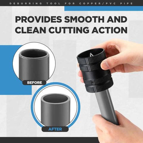 2 Pack Pipe Reamer Deburring Tool Set For Copper And PVC Pipes, Metal Plumbing Tools, shown in use on pipe
