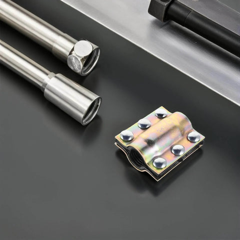 Universal Pipe Leak Repair Clamp DN20-110 Heavy Duty Plumbing Seal Clamp near metal pipes, golden color.