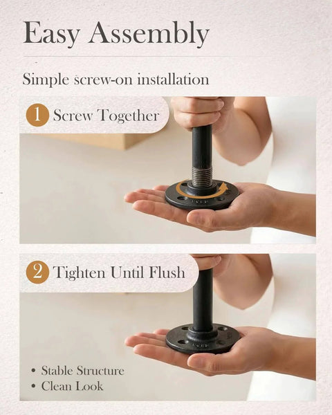 Hands assembling black malleable iron pipe nipple, threaded ends for steampunk decor. Ten Pack Of One Half Inch By Two Inch Black Malleable Iron Pipe Nipples Fitting For DIY Steampunk Industrial Vintage Style Home Decor And Maker Projects Threaded Both Ends Ready For Quick Assembly And Long Lasting Rust Resistant Performance.