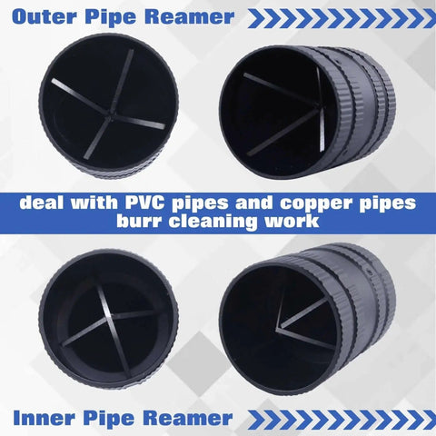 Pro Grade All Purpose Pipe Reamer And Deburring Tool For Copper Aluminum PVC And PPR Pipes Fits Outer Diameter From One Quarter Inch To One And Five Eighths Inches Inner And Outer Deburring Plumbing Cleaner, close-up view of inner and outer pipe reamers with blades, designed for PVC and copper pipes.