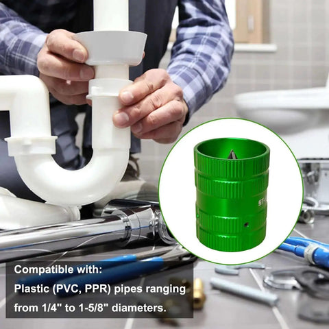 Pro Grade Professional Pipe Reamer And Deburring Tool Dual Sided Chamfer for 1/4 to 1-5/8 inch pipes shown in use with PVC pipe