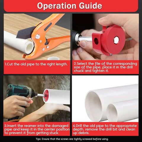 Operation guide showing steps to use One And A Half Inch Plastic Pipe Reamer With 2 Carbide Square Blades for PVC CPVC and ABS pipes.