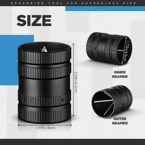 2 Pack Pipe Reamer Deburring Tool Set For Copper And PVC Pipes, Metal Plumbing Tools, dimensions and view of black tool