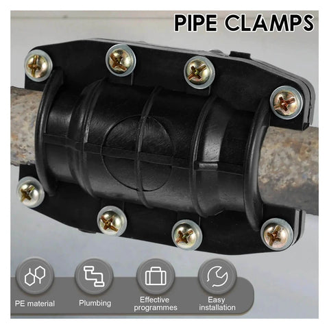 Three Piece Pipe Repair Clamp Kit For Water Leaks, Anti Impact Emergency Pipe Fix For Burst Or Punctured Plastic And Metal Pipes, Heavy Duty Leak Repair Clamp Set, 32mm Size, Easy DIY Home And Workshop Repair Fixture, shown installed on a pipe.