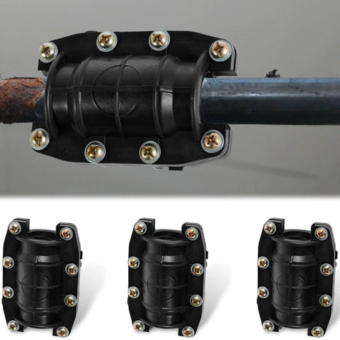Three Piece Pipe Repair Clamp Kit For Leaks And Burst Water Pipes No Fuss Anti Impact Emergency Fix Clamp Set on black pipe