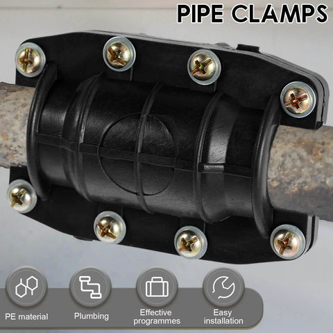 Close-up of Three Piece Pipe Repair Clamp Kit For Leaks And Burst Water Pipes installed on metal pipe