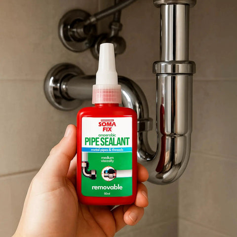 Hand holding Pipe Thread Sealant For Metal Pipes And Threaded Fittings With Anaerobic Cure Medium Viscosity For High Pressure, near pipes