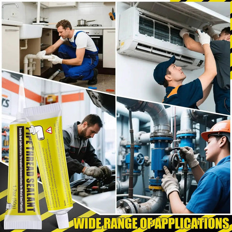 Collage showing Soft Set Pipe Thread Sealant for leak proof plumbing and HVAC installations used by workers in various settings.