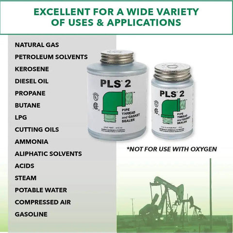 Premium Pipe Thread And Gasket Sealer for industrial heavy duty high pressure applications with product details and oil field background.