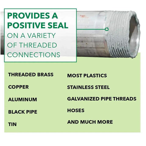 Image showing compatibility of Premium Pipe Thread And Gasket Sealer for various materials with threaded pipe connection close-up.