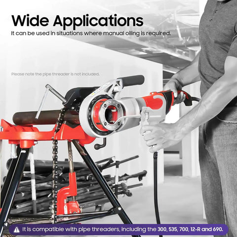 Person using Hand Held Oiler Bucket Kit with Oil Gun for Pipe Threading Machines, illustrating wide applications in manual oiling.
