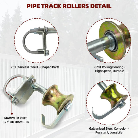 Rolling Gate Hardware Kit for Farm Fence and Sliding Gates with 6 Inch Pipe Track Rollers Detail, Stainless Steel U-Shaped Parts