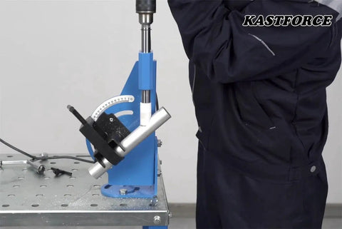 2 Inch Hole Saw Pipe Tube Notcher With Adjustable Tilt From 0 To 60 Degrees in use by worker on tubing