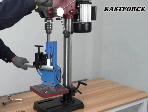 Installation of 2 Inch Hole Saw Pipe Tube Notcher with Adjustable Tilt from 0 to 60 Degrees on a workbench