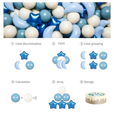 Ball Pit Balls Stars Moon Shapes Plastic Pitballs for Toddler Play Tent Baby Photo Props Kids Pool Water Toys Kiddie Pool Party Decor, Pearl Blue+Cream Blue+White,100PCS image with star, moon, and round ball illustrations in top view.