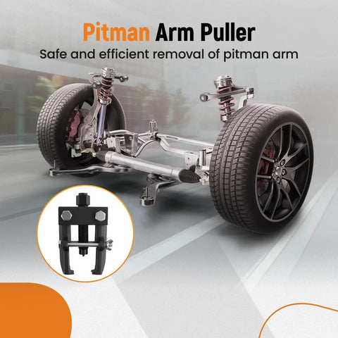 Heavy Duty Pitman Arm Puller For Three Quarter Ton Cars And Light Trucks, Adjustable Two Jaw Bearing Removal Tool, shown with car suspension and tires