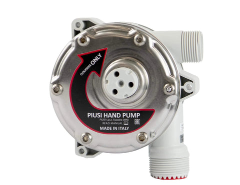 Front view of ArmorBlue Piusi Rotary Drum Pump for Diesel Exhaust Fluid (DEF) with integrated check valve, 10 gallons per 100 rotations.