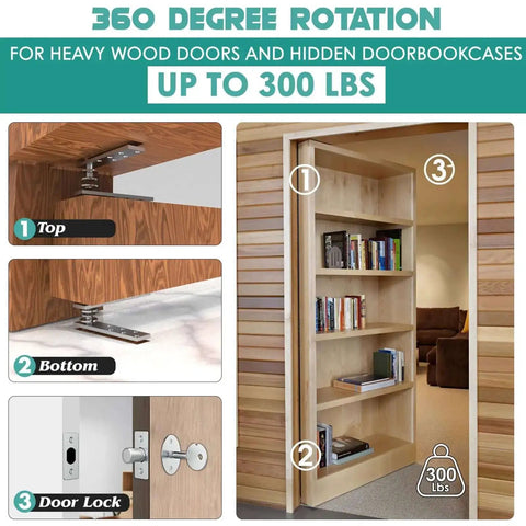 Hidden Pivot Door Hinges For Wood Rooms And Bookcases, Heavy Duty Hidden Door System with lock and 360 Degree Rotation
