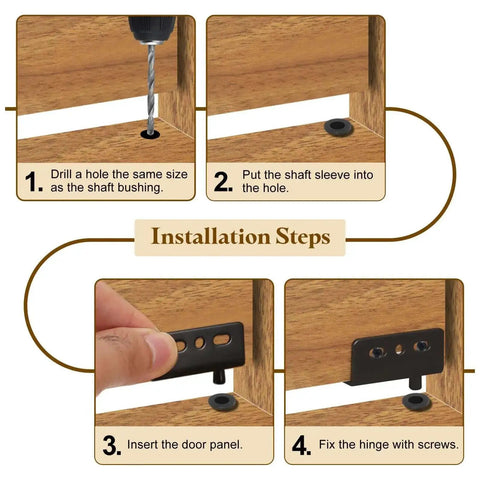 Installation steps for Heavy Duty Pivot Door Hinge Set 40 x 18 mm Concealed Shaft With Bushing Kit for cabinets and furniture