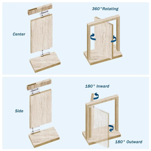 Heavy Duty Pivot Hinge For Wood Doors With Stainless Steel Hidden Door Hardware For Secret Doors And Bookshelves, shown in rotation view