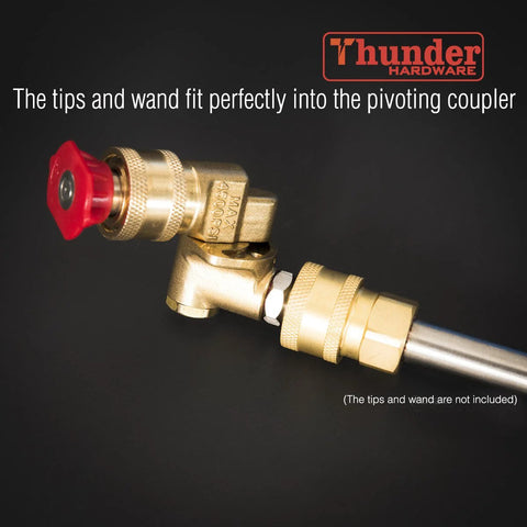 Brass quick-connect pivoting pressure washer nozzle coupler with red cap, 1/4 inch plug, Thunder Hardware