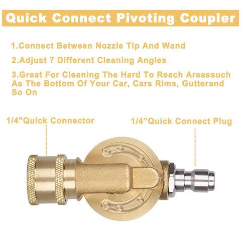 Image of a brass pivoting coupler for pressure washer gutter cleaner, 240 degree rotation, one quarter inch quick connect compatible.