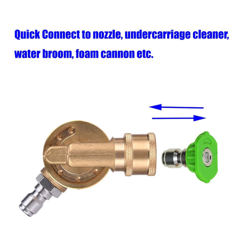 Gutter Cleaning Attachment For Pressure Washer Pivoting Coupler With 240 Degree Rotation And Four Angle Settings, Lets You Hit Gutters, Undercarriage, Wheels, And Motor Area, One Quarter Inch Quick Connect, Up To Four Thousand Five Hundred PSI, brass and stainless steel construction